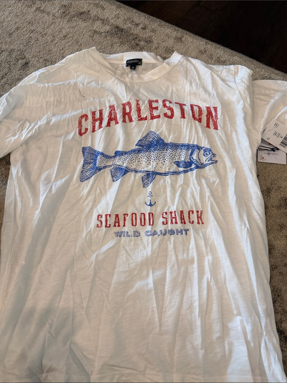 Charleston Seafood Shack White Graphic Tee - Vintage Fish Print NWT